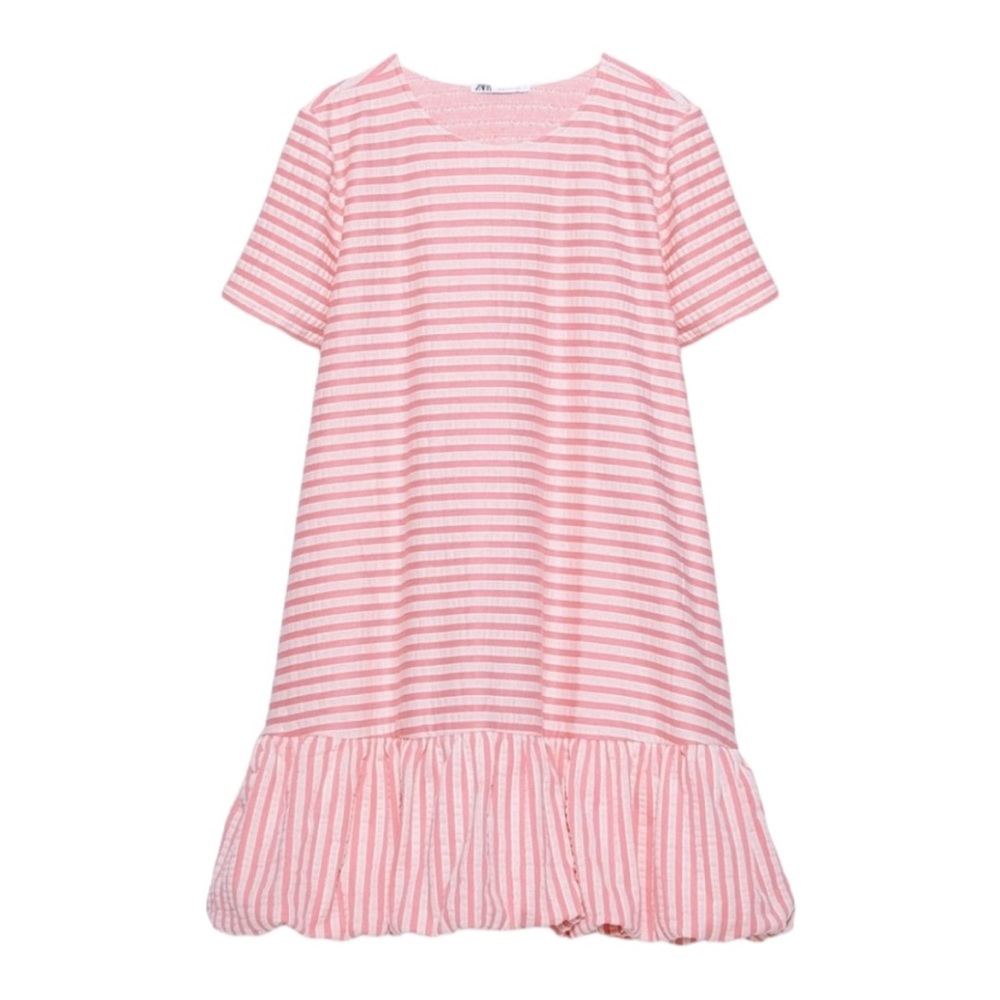 LN Rare Zara Pastel Pink Ivory Striped Flounce Ruffle A-Line Mini Shift Dress  M